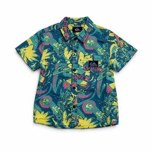 🌊 Quiksilver Boys Size 5 Surf Button Up Shirt Neon Graphic 100% Cotton Retro